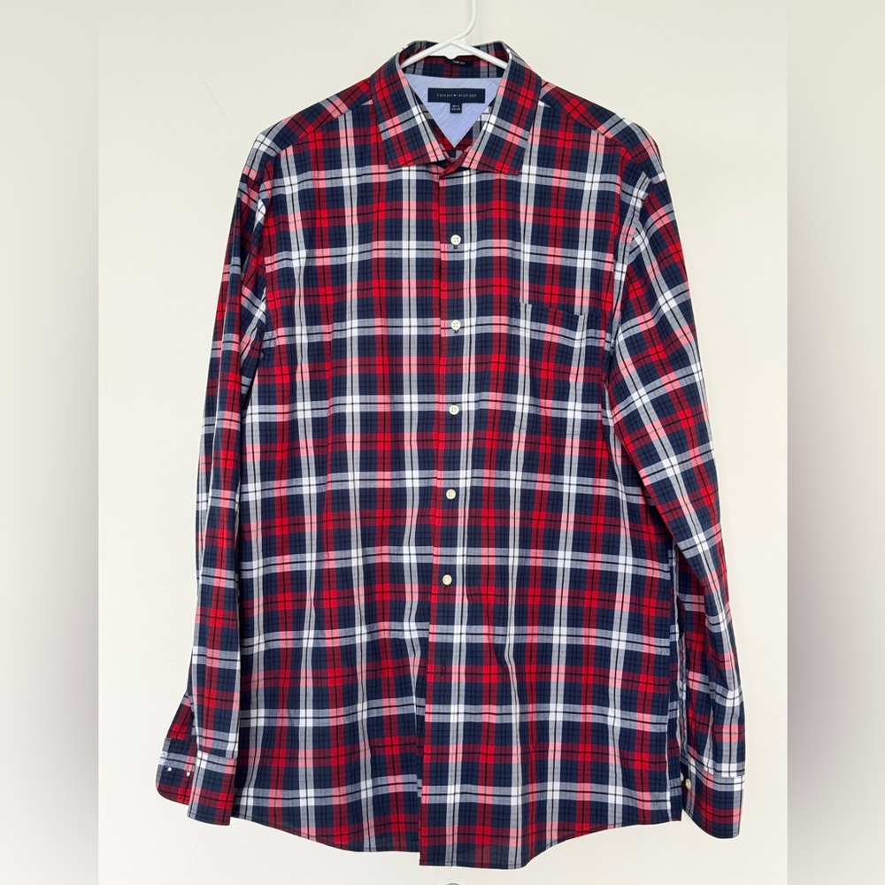 Tommy Hilfiger Red, Blue, White Slim Fit Button Down Men Shirt, Cotton size 16.5